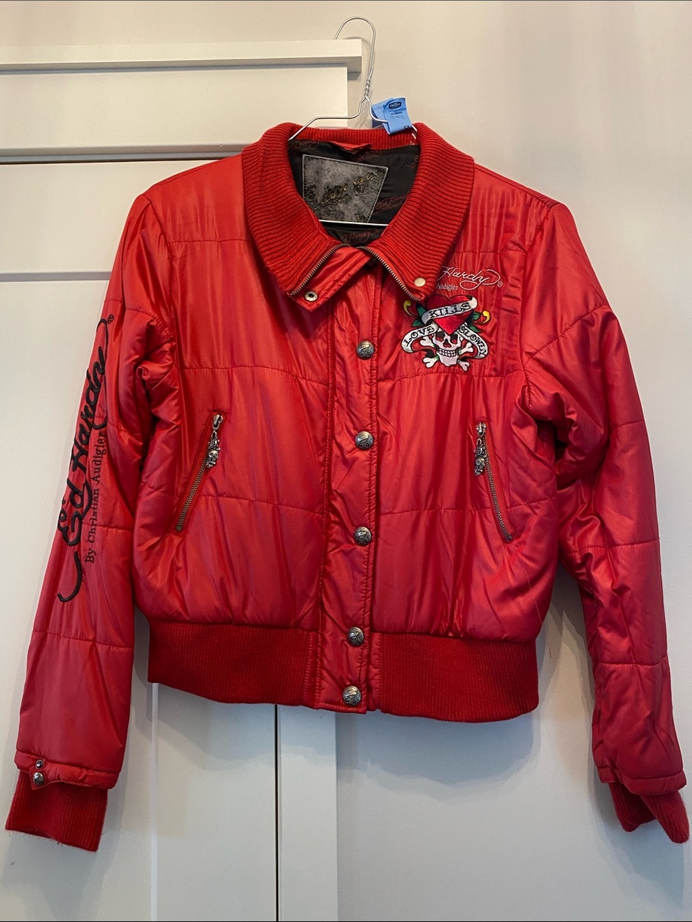 VTG Ed Hardy Love Kills Slowly Rhinestone Puffer Jacket Red Size XL